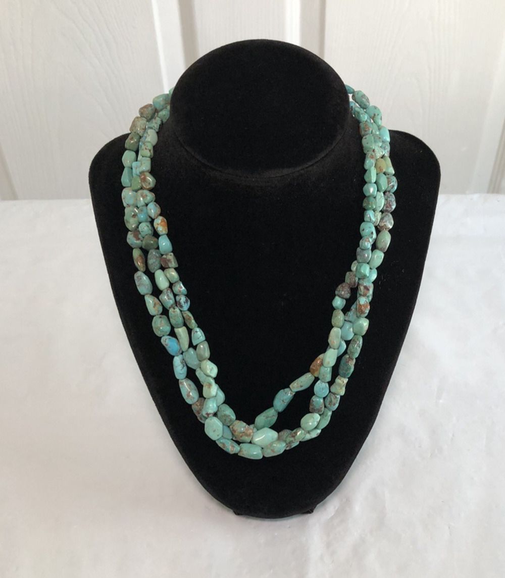 Vtg Turquoise 925 Necklace 3 strand nugget Kingman mines Southwestern Navajo
